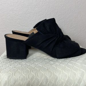 Express Black Suede Open Toe Mules With Block Heel & Bow Size 9